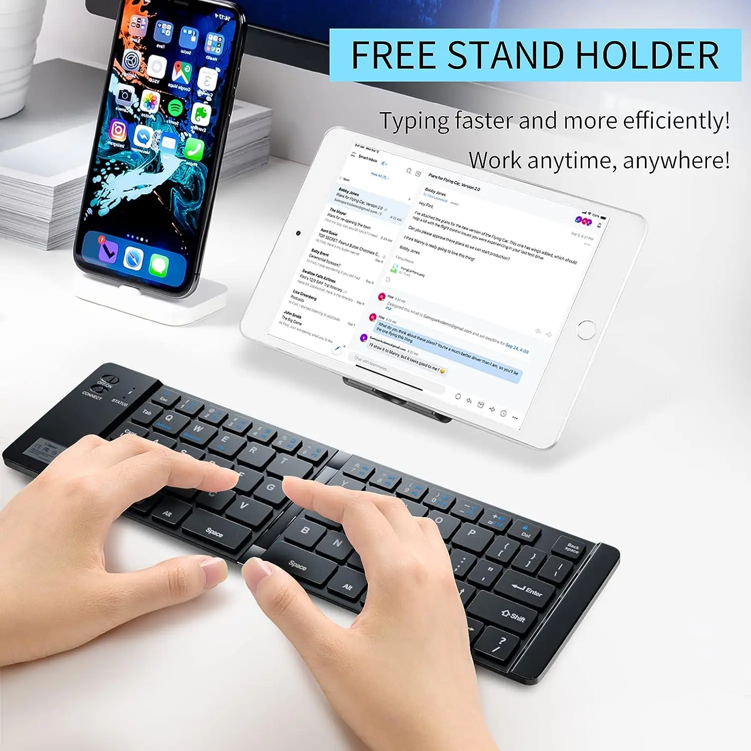 JOMAA Mini Folding Mobile Phone Keyboard Rechargeable Bluetooth Keyboard Foldable Keyboard for  IPhone Windows MAC OS