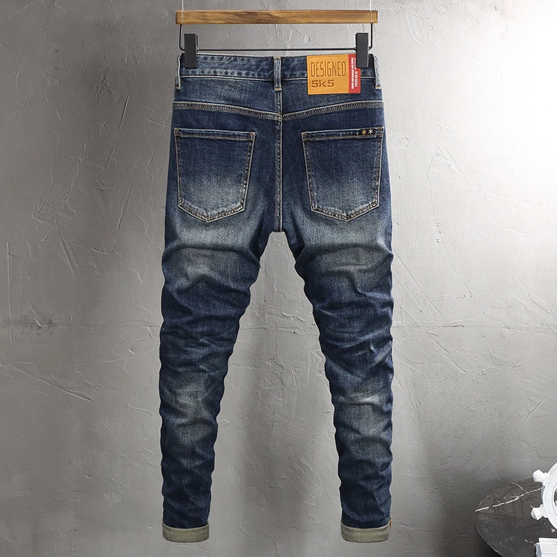 Fashion Designer Men Jeans High Quality Retro Washed Blue Elastic Stretch Slim Fit Ripped Jeans Men Vintage Casual Denim Pants