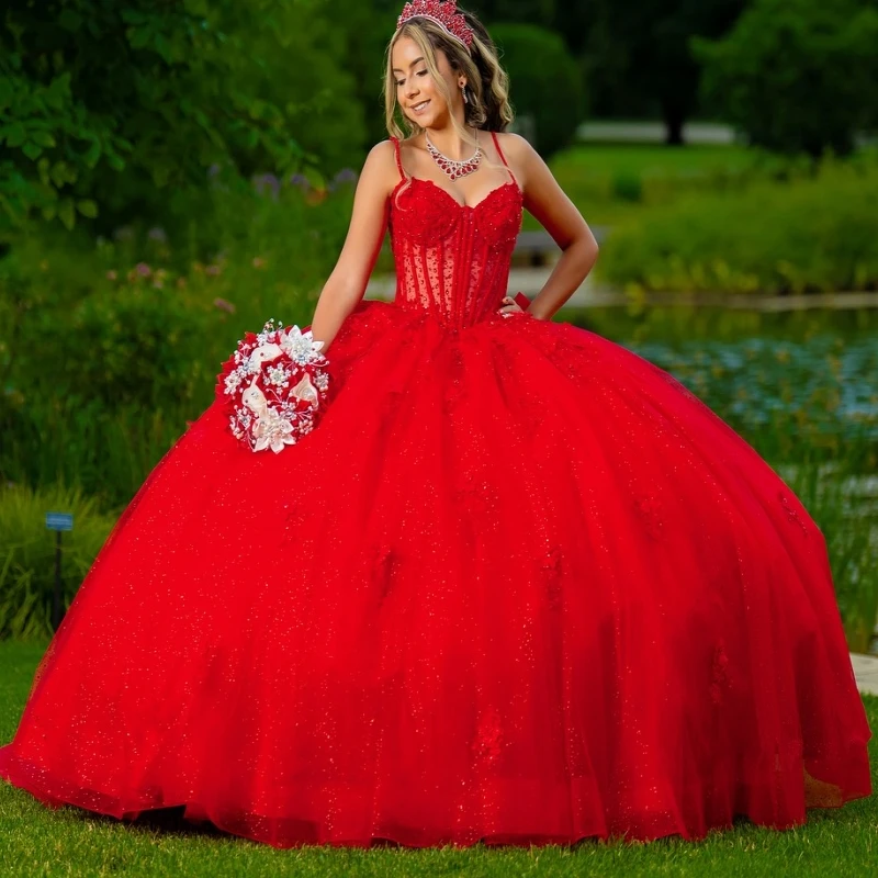 

Красное блестящее бальное платье Quinceanera Платья с открытыми плечами и блестками Аппликация Кружева с бантом и бусинами Корсет Тюль Вечеринка День рождения Сладкое 16-платье