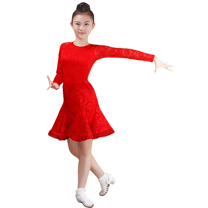 Girls Lace Ballroom And Latin Dance Dresses For Sale Cha Cha Rumba Samba Jive Long Sleeves Children Teen Latino Dress