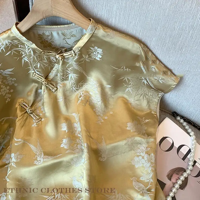 الإناث تانغ نمط بلايز قميص التقليدية الجديدة النمط الصيني شيونغسام تشيباو بلوزة الصيف الحرير الساتان الجاكار قميص بلايز الملابس