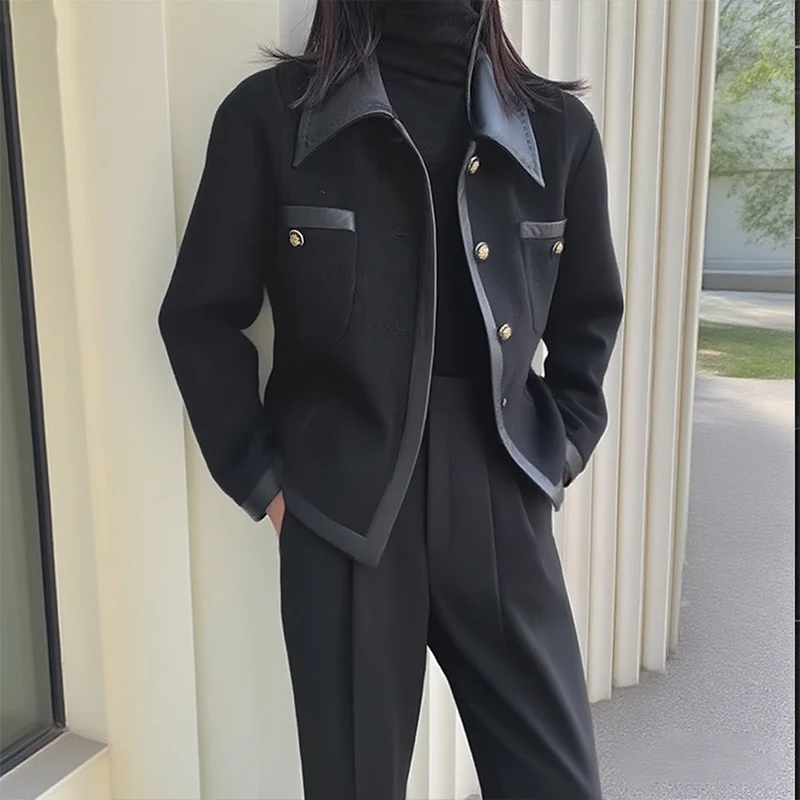 

Осенне-зимние городские куртки для женщин, новинка 2025 года, свободные лацканы на пуговицах с карманами, уличная одежда с разрезом, черное пальто для женщин