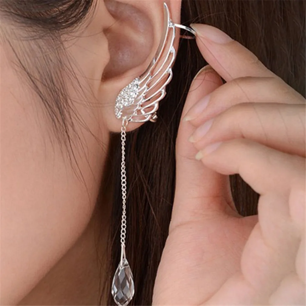 European and American Fashion Angel Wings Crystal Earrings for Women Drop Dangle Ear Stud Long Cuff Clip Tassel Ear Jewelry Gift