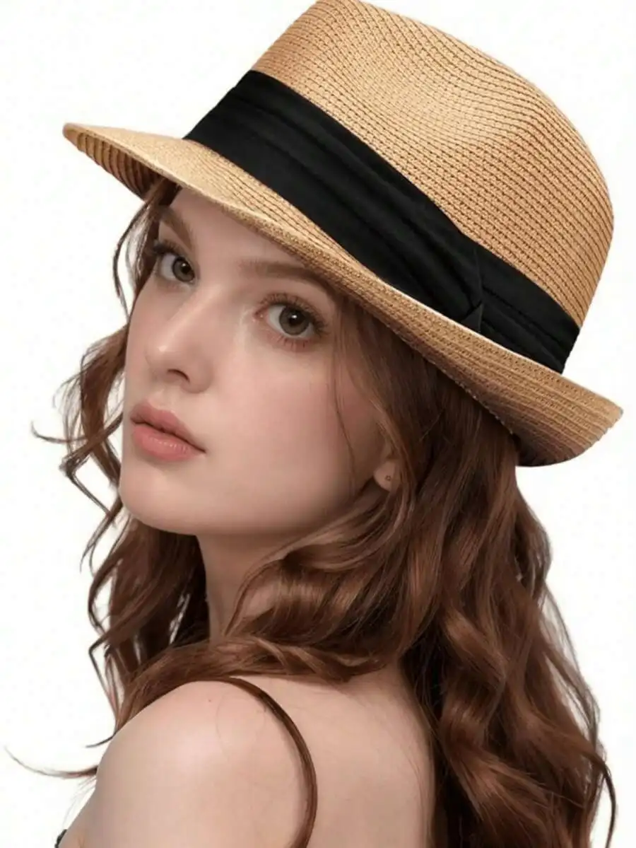 

Womens Upturned Brim Panama Hat With Black Band Sun Beach Hat