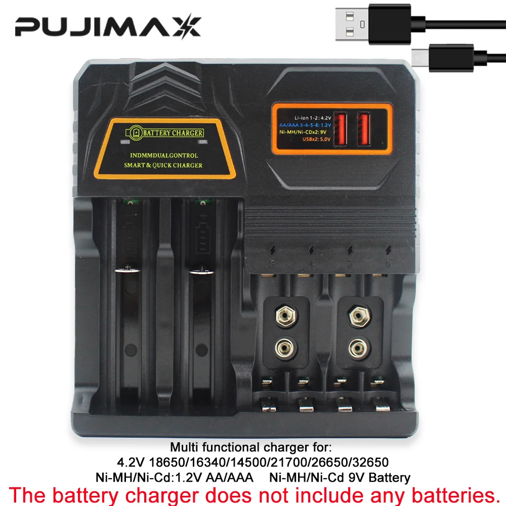 PUJIMAX Battery Charger for 4.2V 18650/16340/14500/21700/26650/32650 Battery 1.2V Ni-MH/Ni-Cd AA AAA 9V Smart Battery Charger