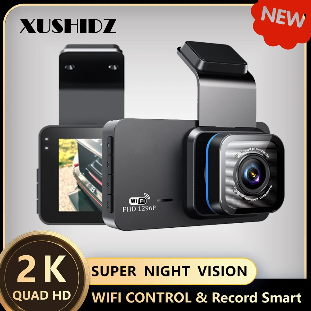 XUSHIDZ X02 2K 와이파이 대시 캠, 24 시간 주차 모니터, 모션 감지, 야간 투시경, 듀얼 채널 DVR 자동차 카메라, 차량 녹음기