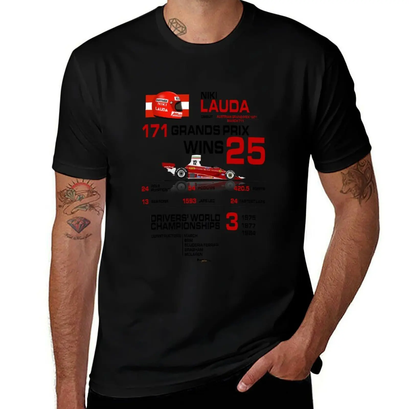 

Niki Lauda - F1 Stats with car & helmet design T-Shirt men t shirt cotton 100% T-Shirt
