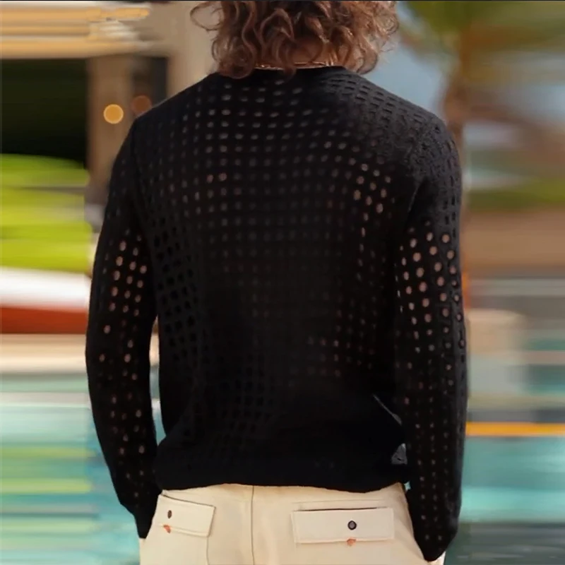 New American Hollow Out Men T-shirt Trendy Sexy Mesh Solid Color Long Sleeve Tees  Transparent Stage Clothing Fitness Tops S-2XL