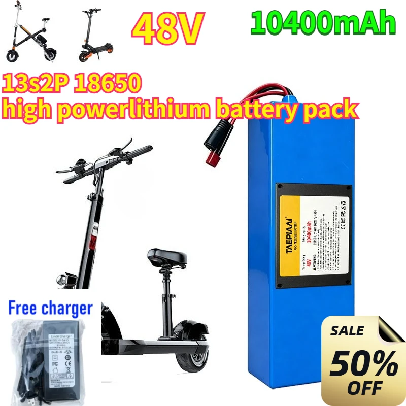 48V 10400mAh 13S2P 18650Lithium Battery Pack with BMS for Electric Scooter Folding Electric Bike Replacement Battery XT60 T Plug