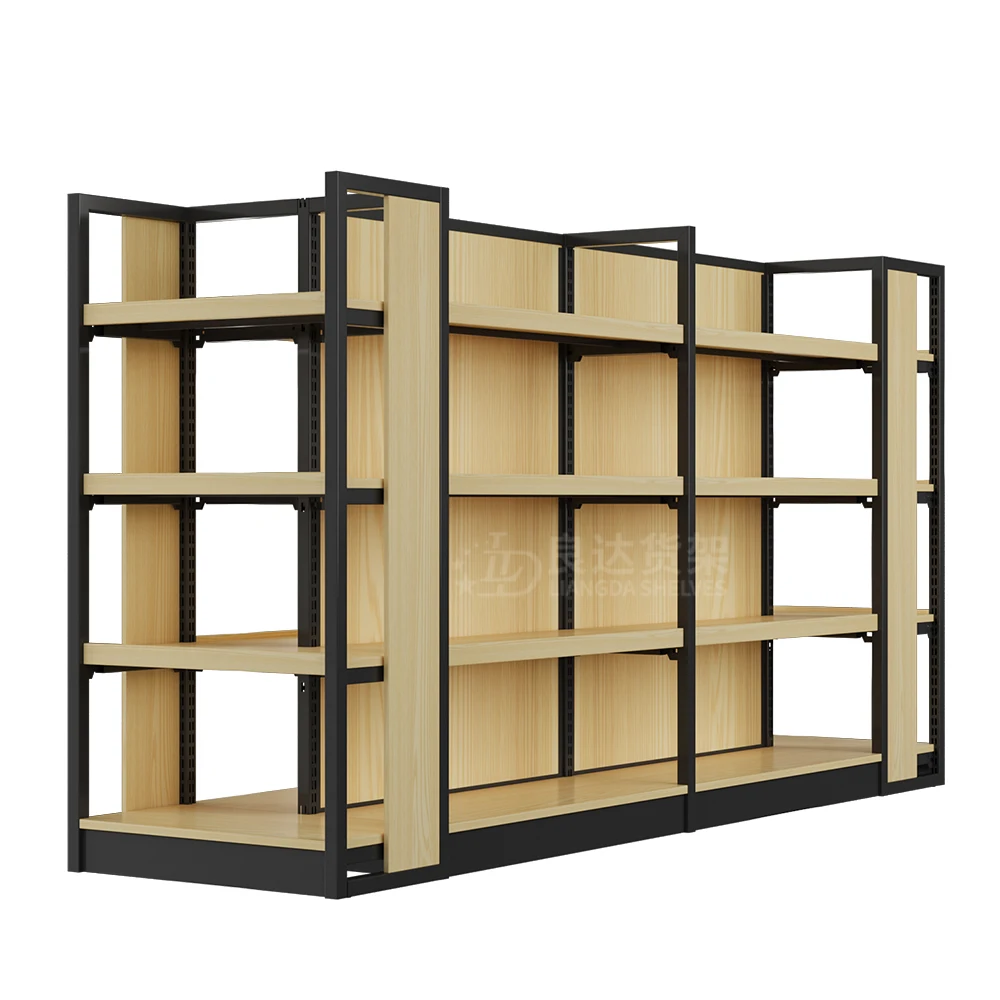 Supermarket Shelves Double-Sided Gondola Rack Light Duty Wood Display With Metallic Finish