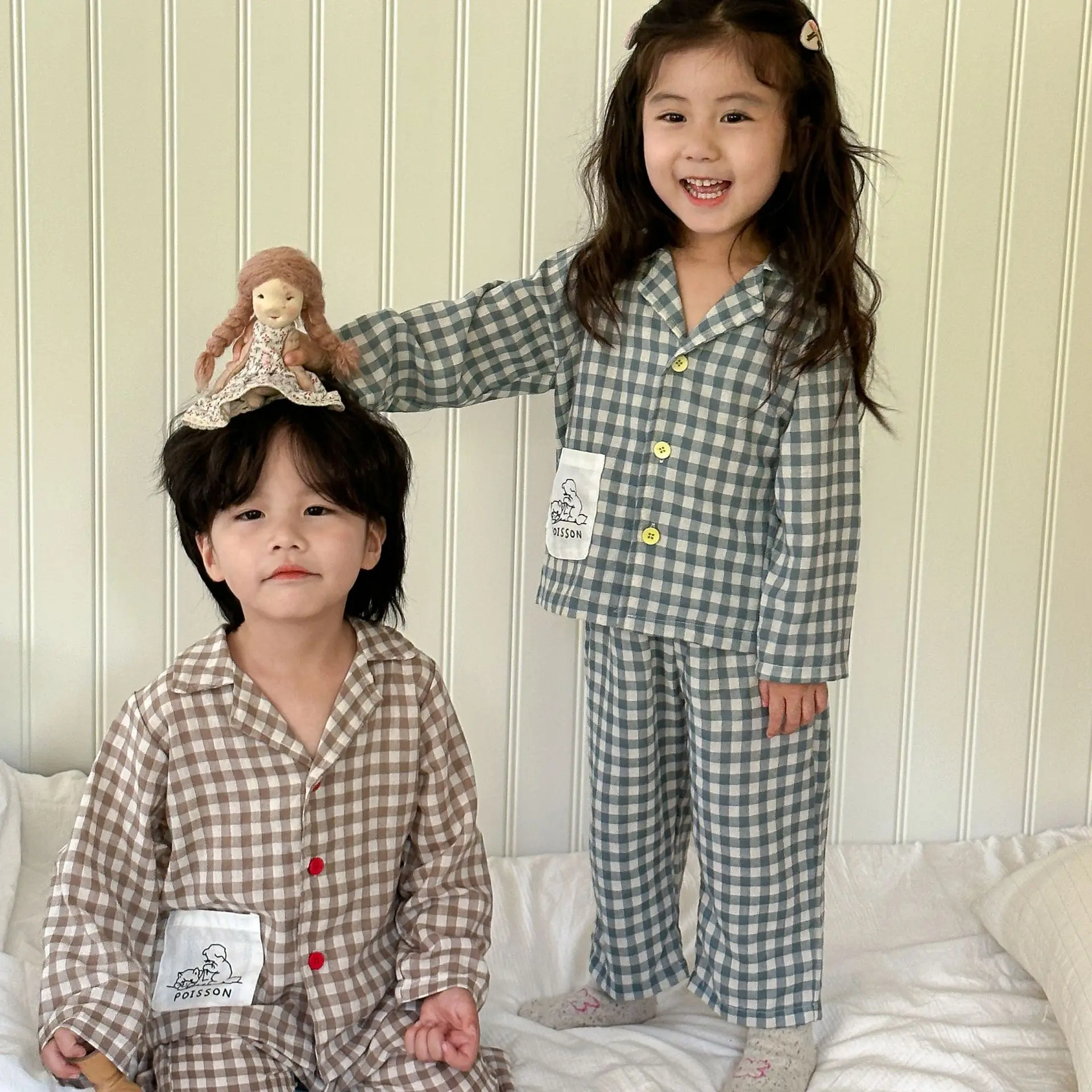 Children clothing cotton soft comfortable plaid pajamas set 2024 new spring fall boys girl fashion casual long sleeved home wear