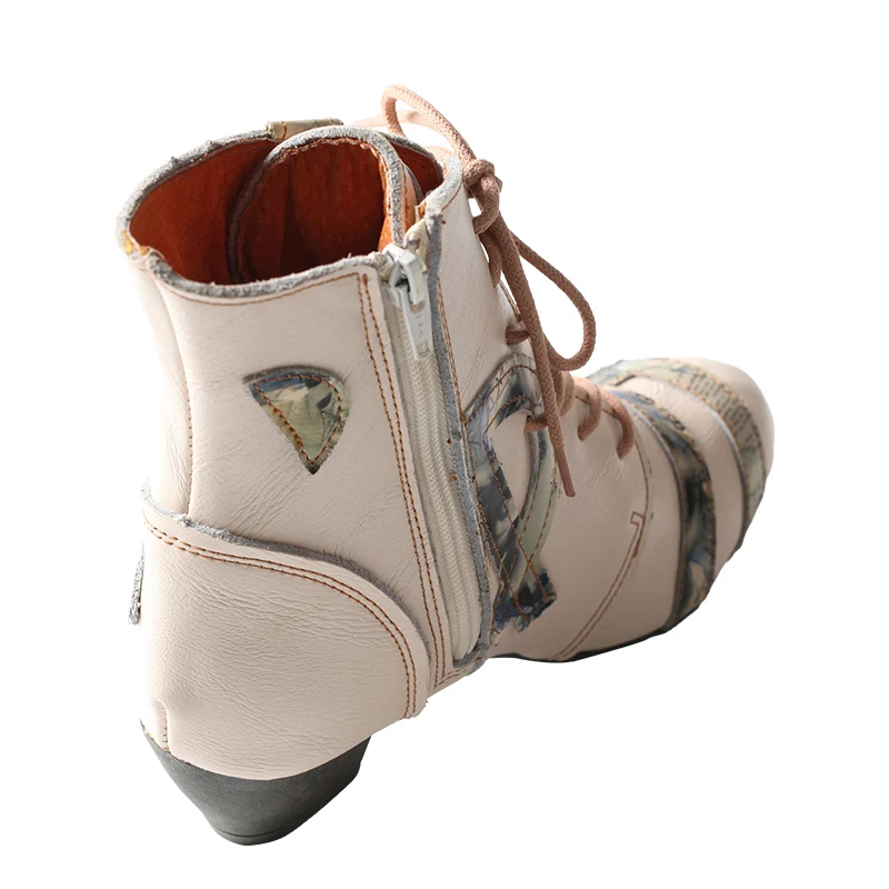 TMA EYES Newspaper-pattern Applique Leather Women's Fashion Boots With Hand Stitching