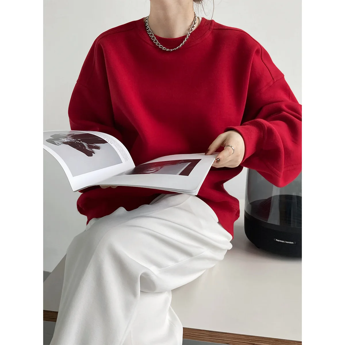 

Casual 2025 Autumn/winter New Plus Fleece Thickened Wine Red Sweater Women's Korean Edition Minimalist Long Sleeve Pullover Top