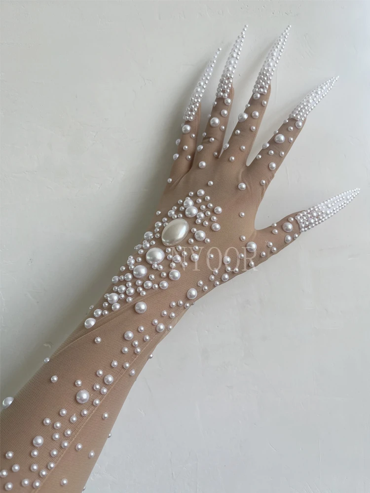 Luxury White Pearls Women Gloves Evening Party Club Wear Drag Queen Show Sing Dance Stage Performance Costume Photoshoot Gloves