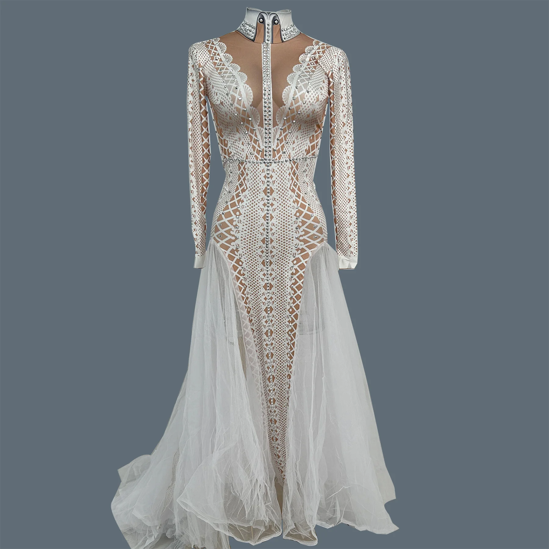 

Elegant White Opaque Floor-length Dress Festival Party Prom Dance Club Evening Gown Silver Rhinestone Sexy Women Wear Bainiangzi