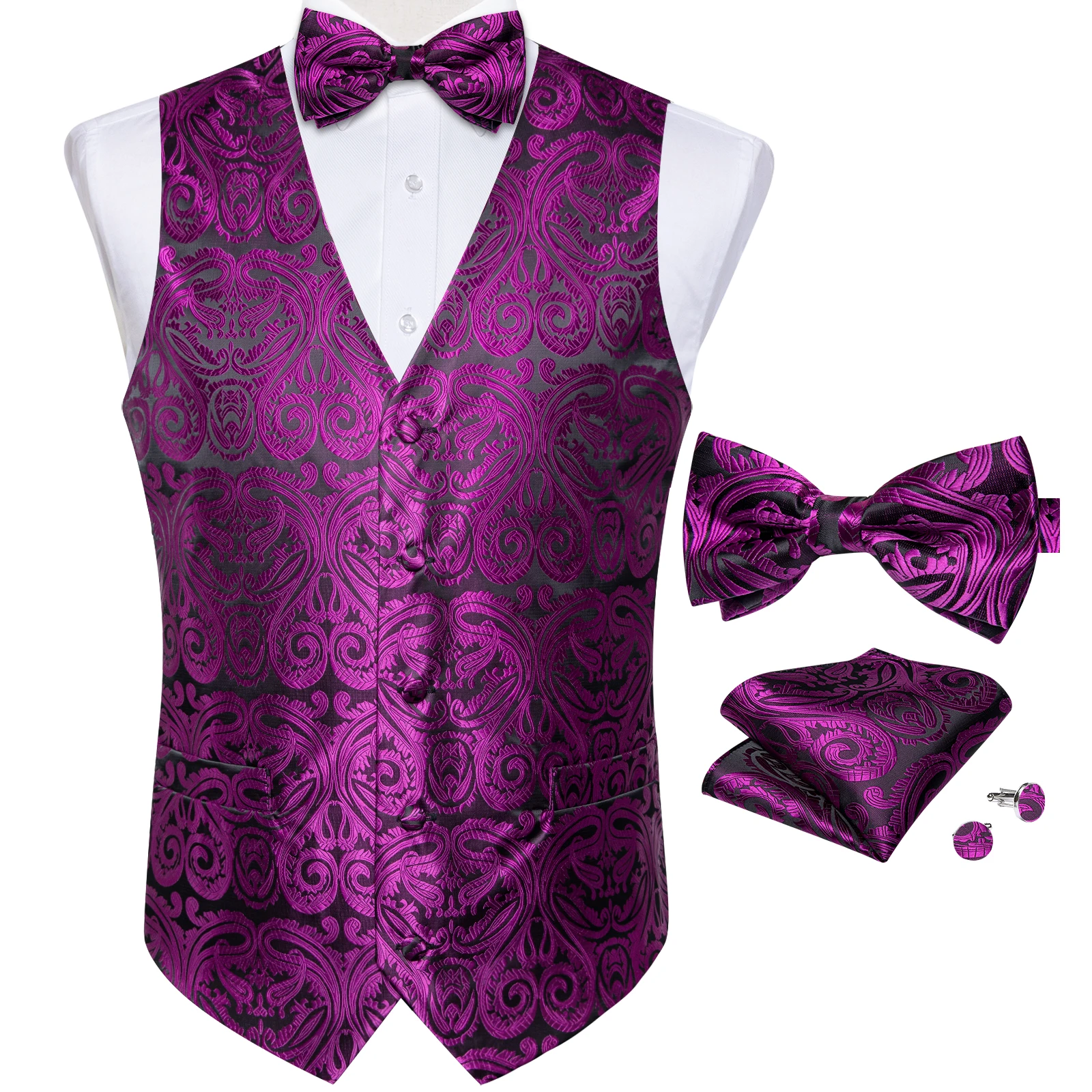 High Quality Men's Vest Purple Bowtie Pocket Square Set for Business Tuxedo Dress Accessory Fashion V-neck Waistcoat for Man