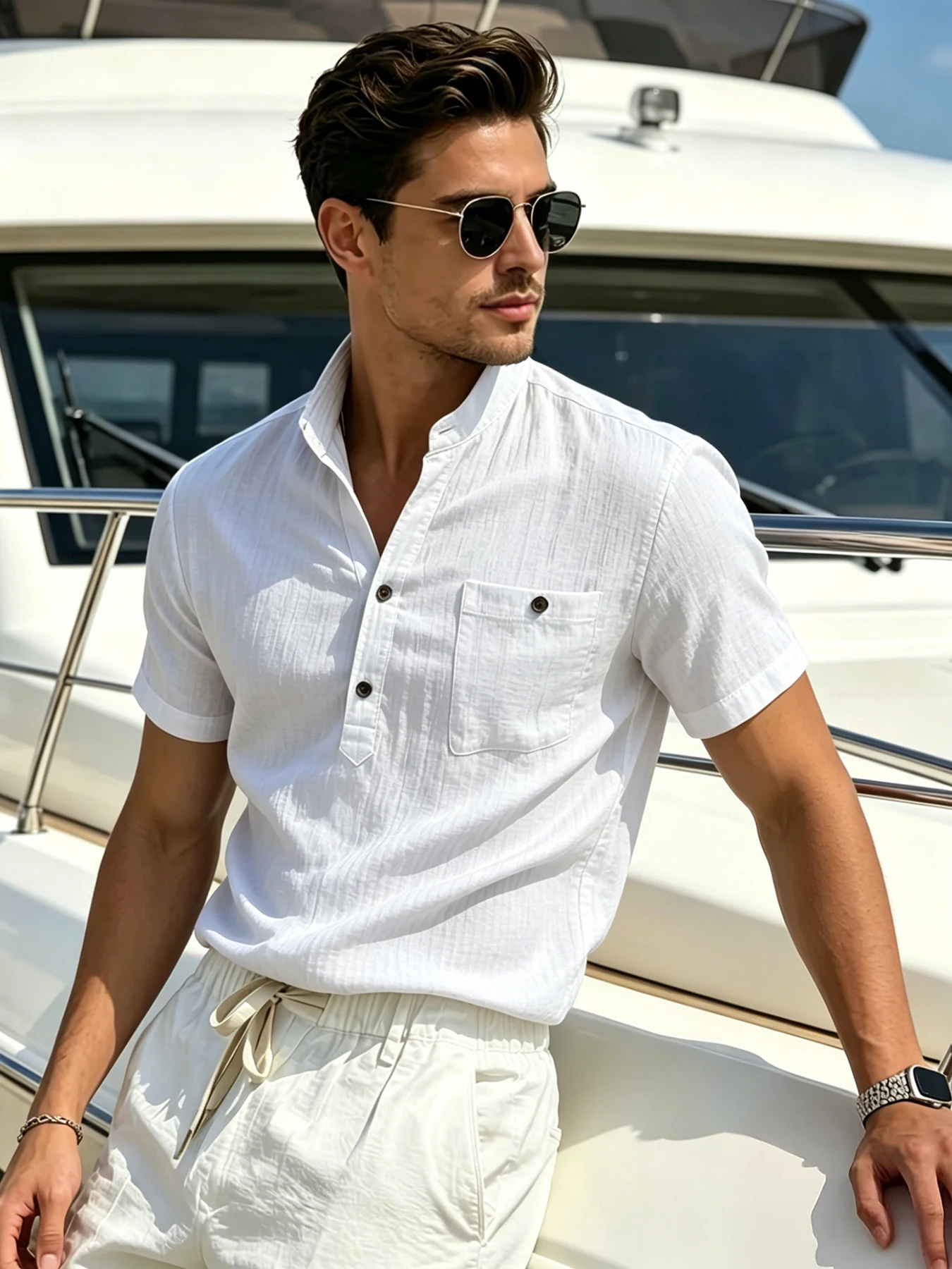 Men's Mature Business Textured Stand Collar Shirt, Henley Placket, Subtle Premium Texture, Breathable Top for Office Commute & B