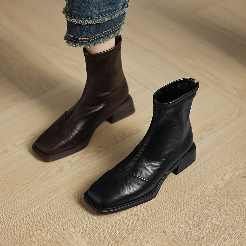 Spliced Square Toe Booties Fashion Back Zip Soft Sole Anti-Slip Wear-Resistant Block Heel Single