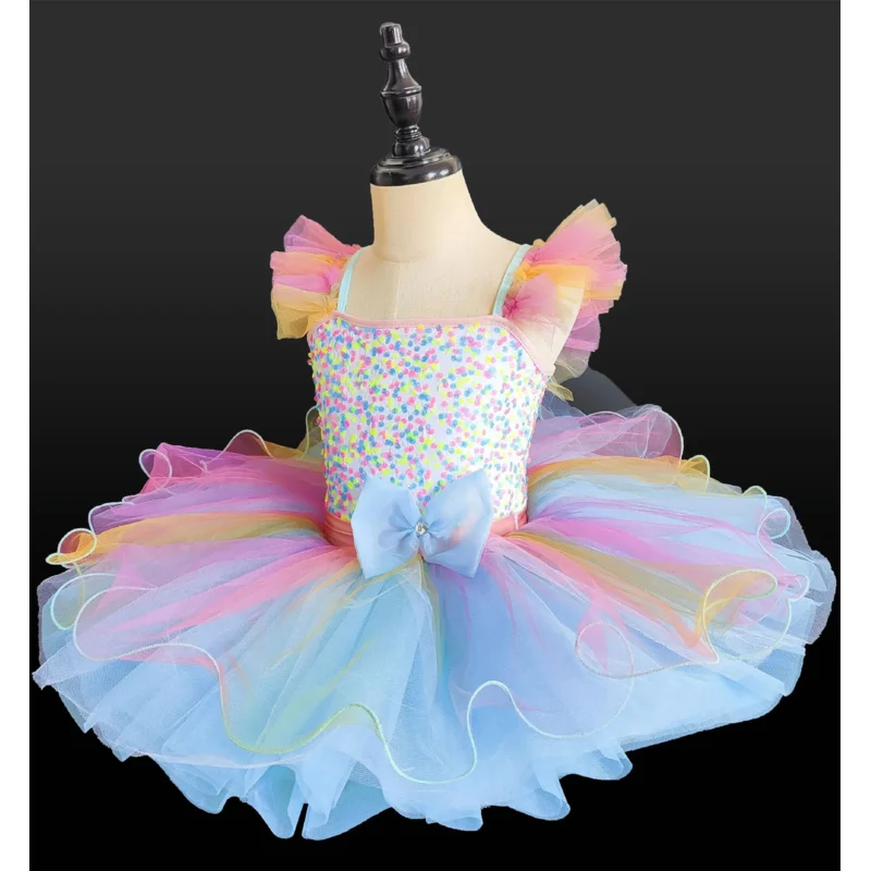 Children Ballroom Clothing Sequined Ballet Tutu Dress Girls Rainbow Color Modern Performance Clothing Wear Ballet Princess Dress