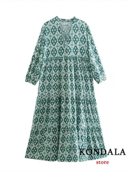 KONDALA Vintage Green Patchwork Print Loose Women Dress Long Sleeve V Neck Dress Fashion 2022 Oversized Elegant Boho Vestidos