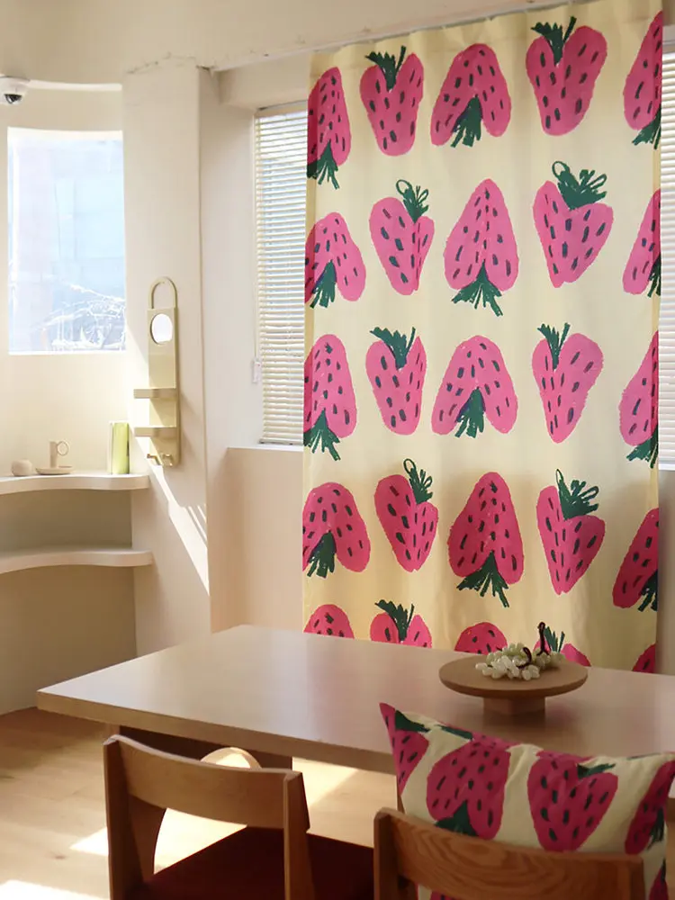 Ins Aesthetic Pink Strawberry Pattern Curtains Korean Style Girly Fruit Flower Fabric Partition Decoration for Girl