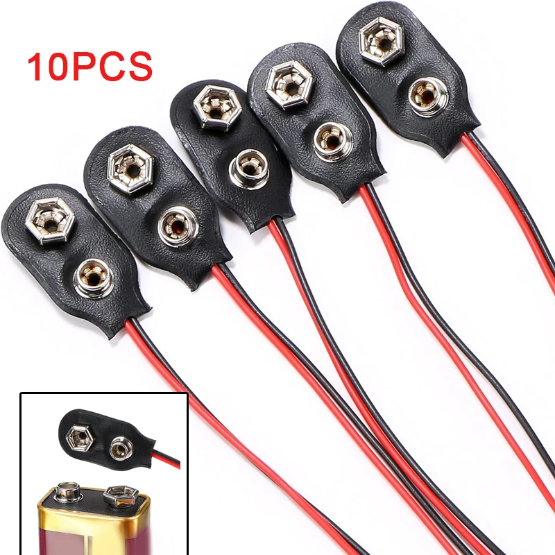 10pcs  9 Volt Battery Clip Connector Battery Holder 9V Battery Clips 10cmBlack Red 2Wired Cable Connection Connector Buckle