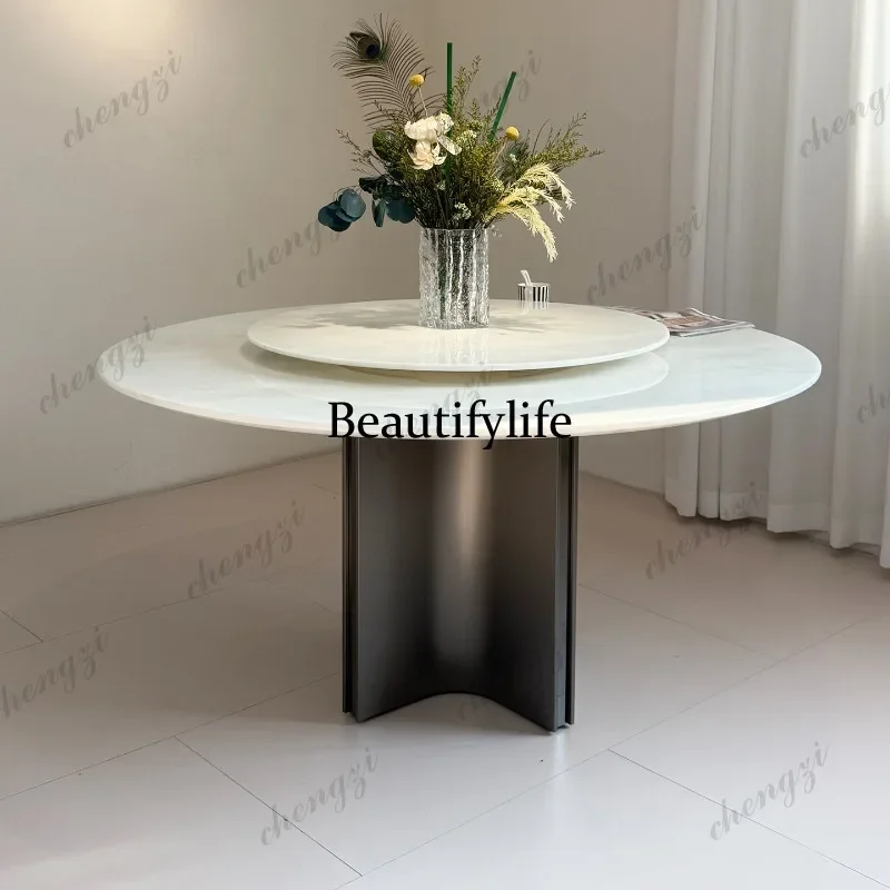 CC  White jade luxury stone dining table natural marble round table white dining table with turntable can be customized