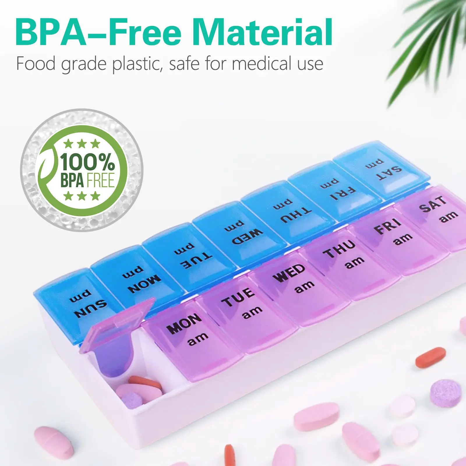 Weekly Pill Organizer 7 Day AM/PM – 2 Pack 14 Compartments Medicine Case, Removable Pill Box with Date Labels, Large Capacity, Durable Tight-Lid Design, Easy To Identify for Daily Medication