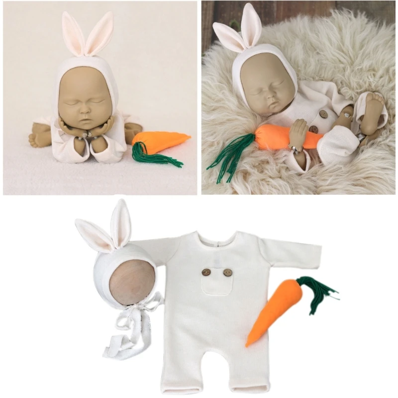 Baby Photography Easter Costume Rabbit Ear Hat & Jumpsuit Carrot set for Infant Newborns Photo Clothes Infant  Romper 3PCS