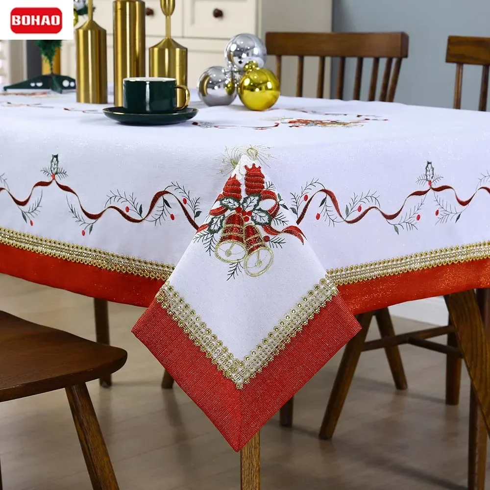 BOHAO 2025 Gold Red Candle Silver Diamond Christmas Tablecloth Decoration Table Mat - Table Cover Runner for Festive Dining