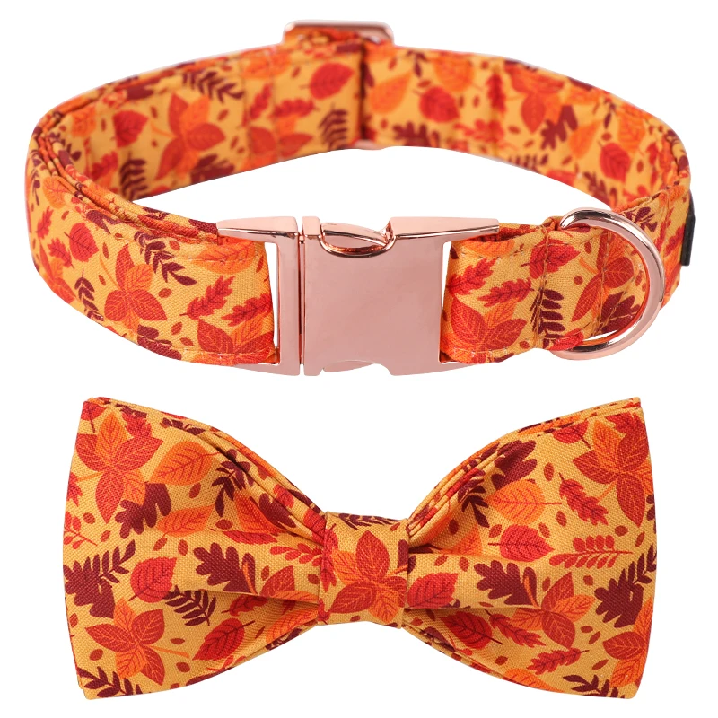 Unique Style Paws Fall Maple Dog Collar with Bowtie,  Orange Autumn Dog Collar with Pink Flower for Small Medium Large Dog