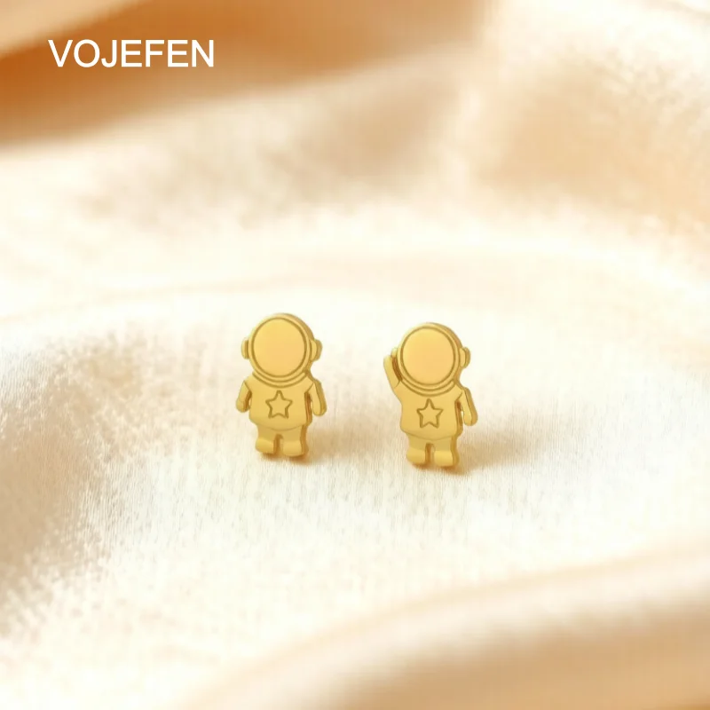 VOJEFEN Real Gold Jewelry 18K Astronaut Stud Earrings Cute Space Theme Earrings for Men Unique Asymmetric Spaceman Fine Jewelry