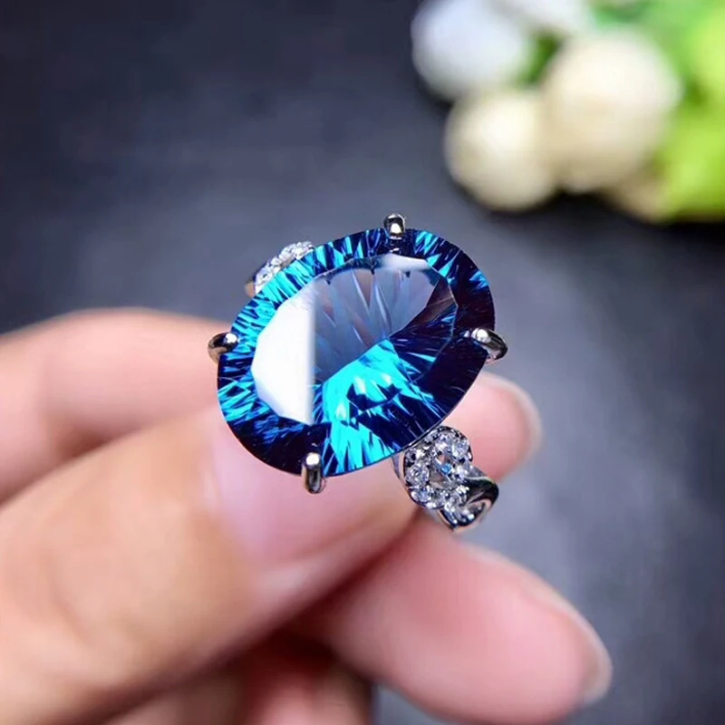 

MeiBaPJ Natural London Blue Topaz Gemstone Trendy Ring for Women Real 925 Sterling Silver Charm Fine Jewelry