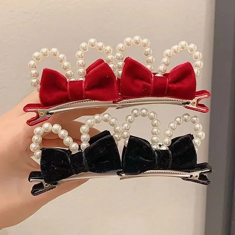 

Girls Velvet Hair Clips Rabbit Ear Pearl Bowknot New Year Children's Princess Style Hair Accessories Korean Version 장식