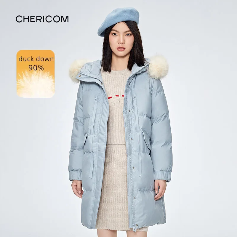 Chericom レディース ブラック ミッドレングス ダウンジャケット ホワイトファー フード付き パファージャケット 暖かい冬用パーカー ルーズフィット パッド入りコート Y278102Y