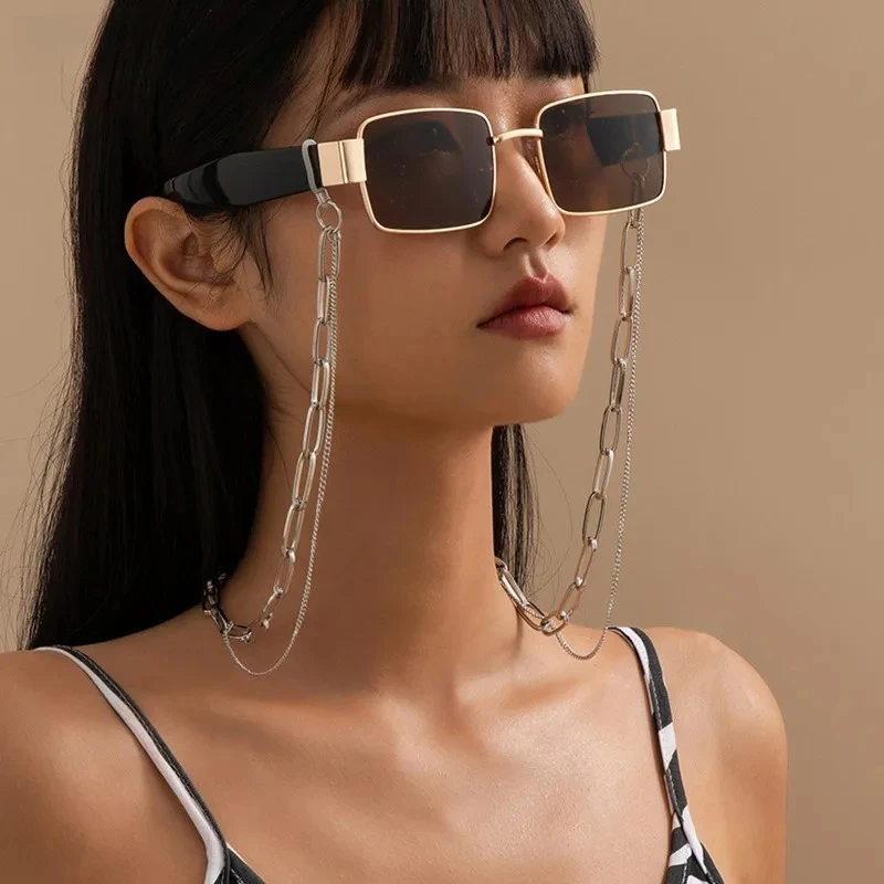 

Zinc Alloy Punk Glasses Chain, Double Cross Geometric Choker Necklace, Gothic Detachable Sunglasses Holder for Women Men