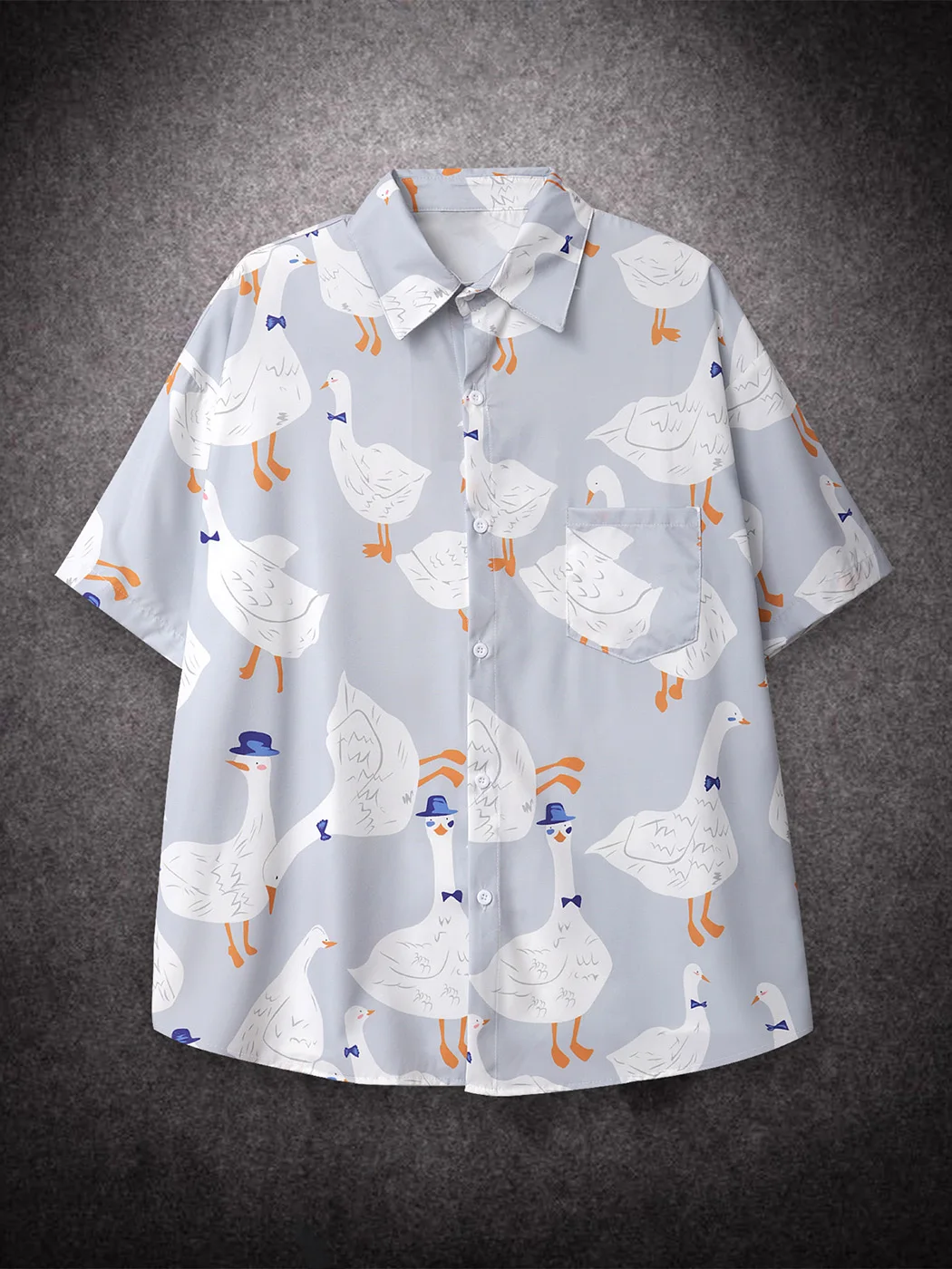 Oversized Loose Short Sleeve Shirt Men Orange Cartoon Goose Print Hiphop Casual Shirts for Summer Beach Hawaiian Clothing