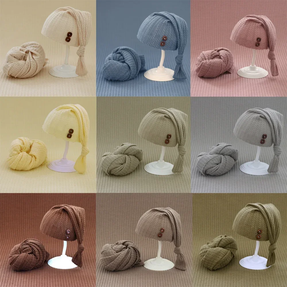 2pcs/set Baby Hat Newborn Photography Props Wrap Blanket Knitted Swaddling Photo Shoot Studio Accessories