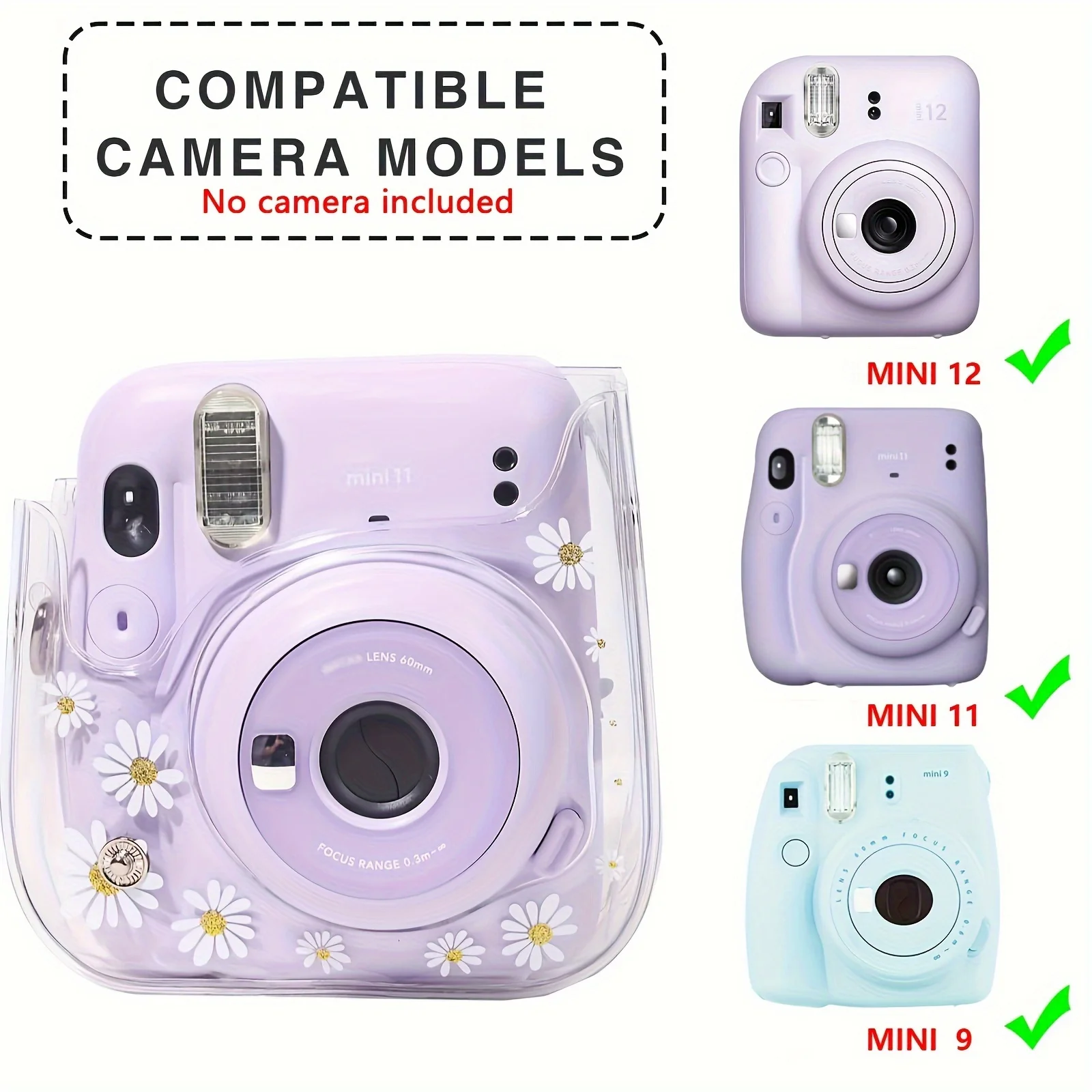 1 Pack Camera Case for instax Mini 12/11/9/8 Camera Bag with Shoulder Strap (Clear Daisy) (Camera Not Included)