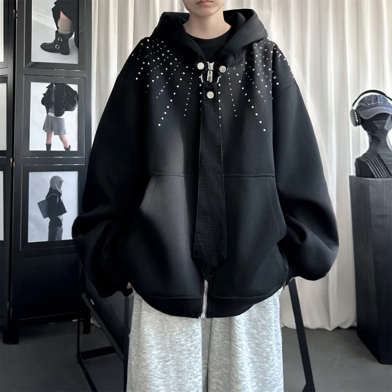 

Мужской кардиган-свитшот с капюшоном и стразами Spring Heavy Du, дизайнерский, премиум-класса, с узким воротником-стойкой, на пуговицах