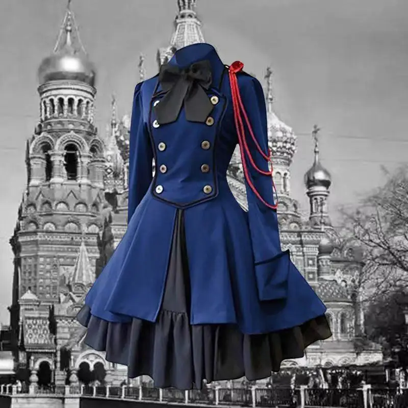 

Medieval Retro Gothic Black Lace Up Chain Bow Lolita Coat Long Sleeves Ruffle Classic Lolita Dress Slim Knee Length Cosplay Clot