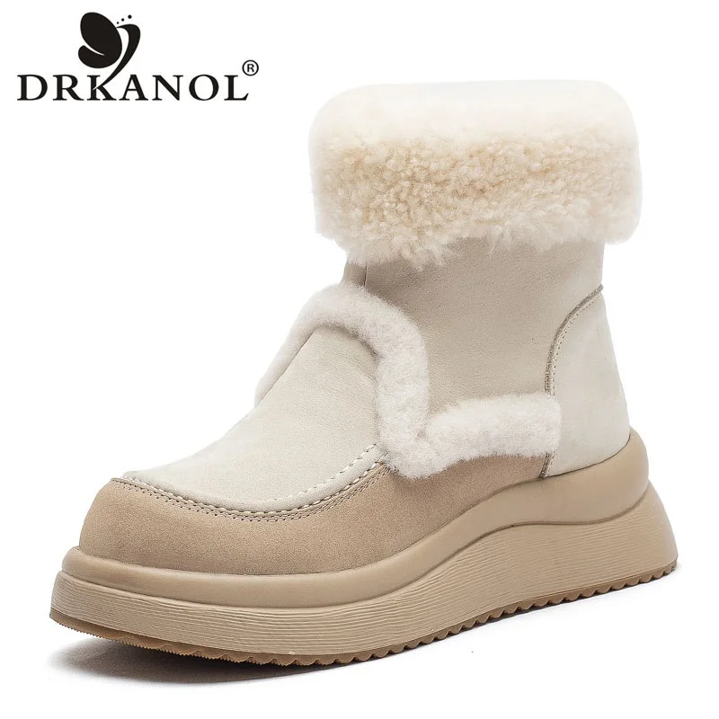 

DRKANOL Women Shearling Snow Boots Winter Mixed Colors Genuine Cow Leather Wedges Platform Natural Wool Fluffy Fur Warm Boots