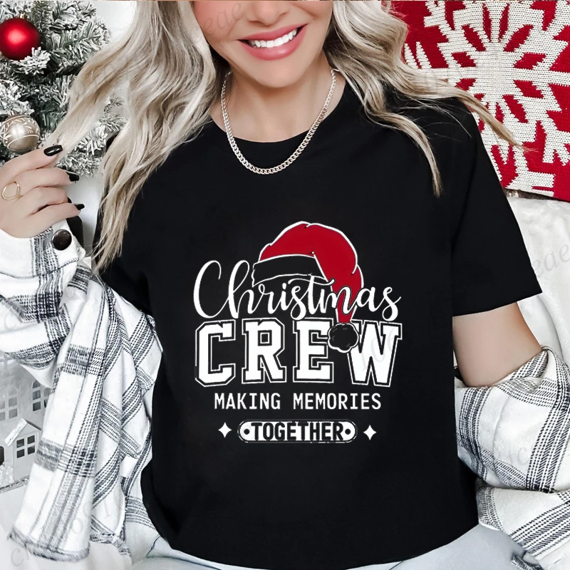 面白いクリスマスクルー一緒に思い出を作りプリント Tシャツ女性ファッションカジュアル半袖クリスマスパーティー Tシャツ服