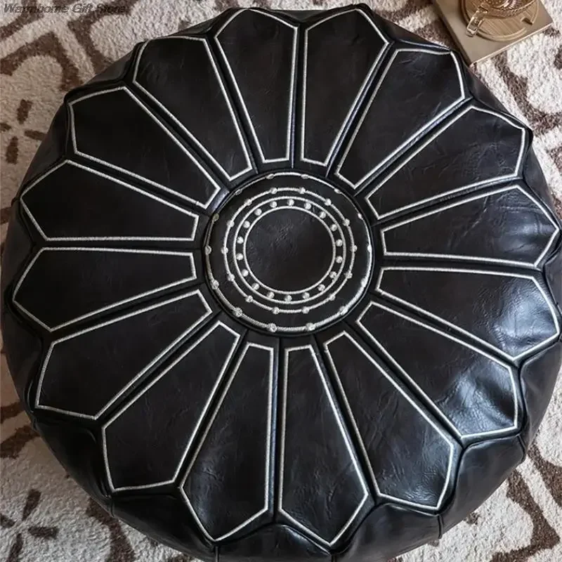 58cm Moroccan PU Leather Pouf Meditation Cushion Home Decor Embroidery Craft Hassock Ottoman Footstool Tatami Unstuffed Cushion