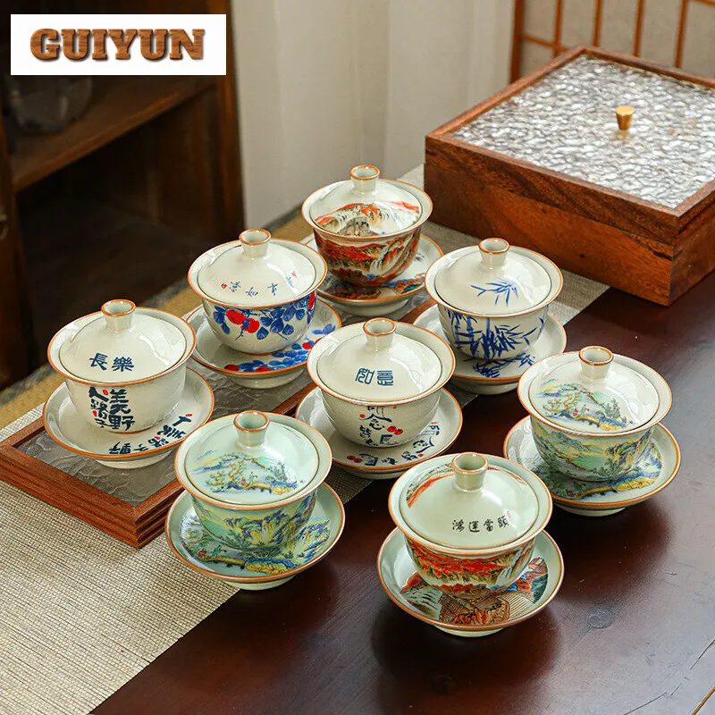 

170ml Blue and White Three Talents Cover Bowl Household Large Size Hand-grasp Bowl Retro Tea Tureen Tea Brewing Teaset Crafts