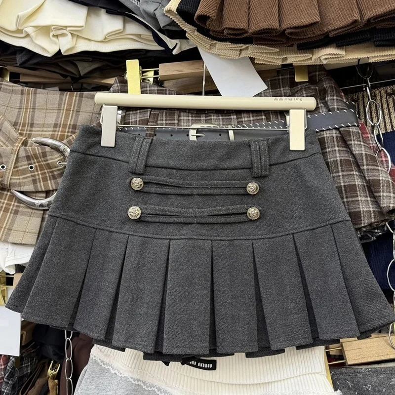 Y2K Woolen Mini Skirt Women Streetwear Black Rivet Pleated Skirt Winter Harajuku Grunge Sexy Low Rise Slim Design A Line Faldas