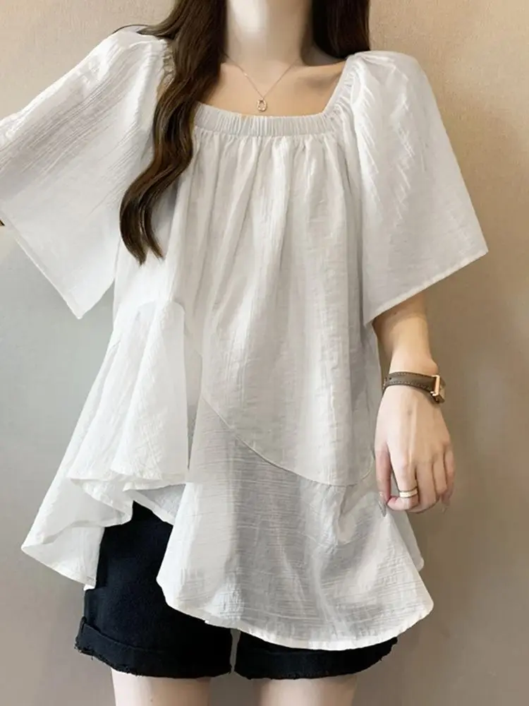 Women Solid Short SleeveTops ZANZEA Fashion Mesh Chiffon Blouse Casual Summer Ruffled Stitching Tunics 2024 Vintage Thin Tops