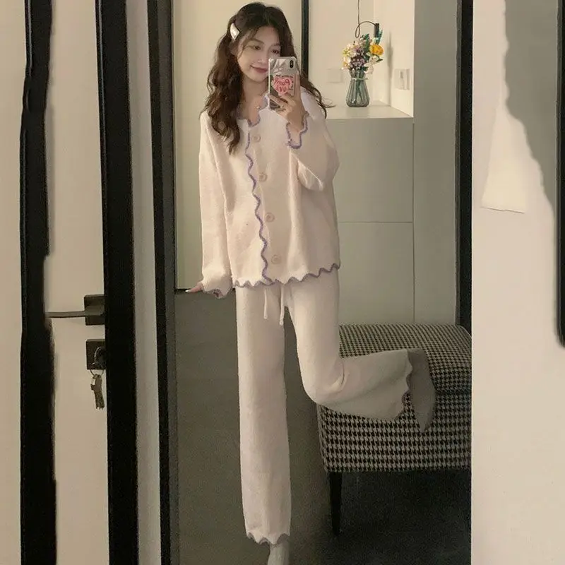 Women Autumn Winter Thick Warm Homewear Nightie Leisure Patchwork Coral Velvet Pant Cardigan Suit Korean Comfortable Pajama Sets