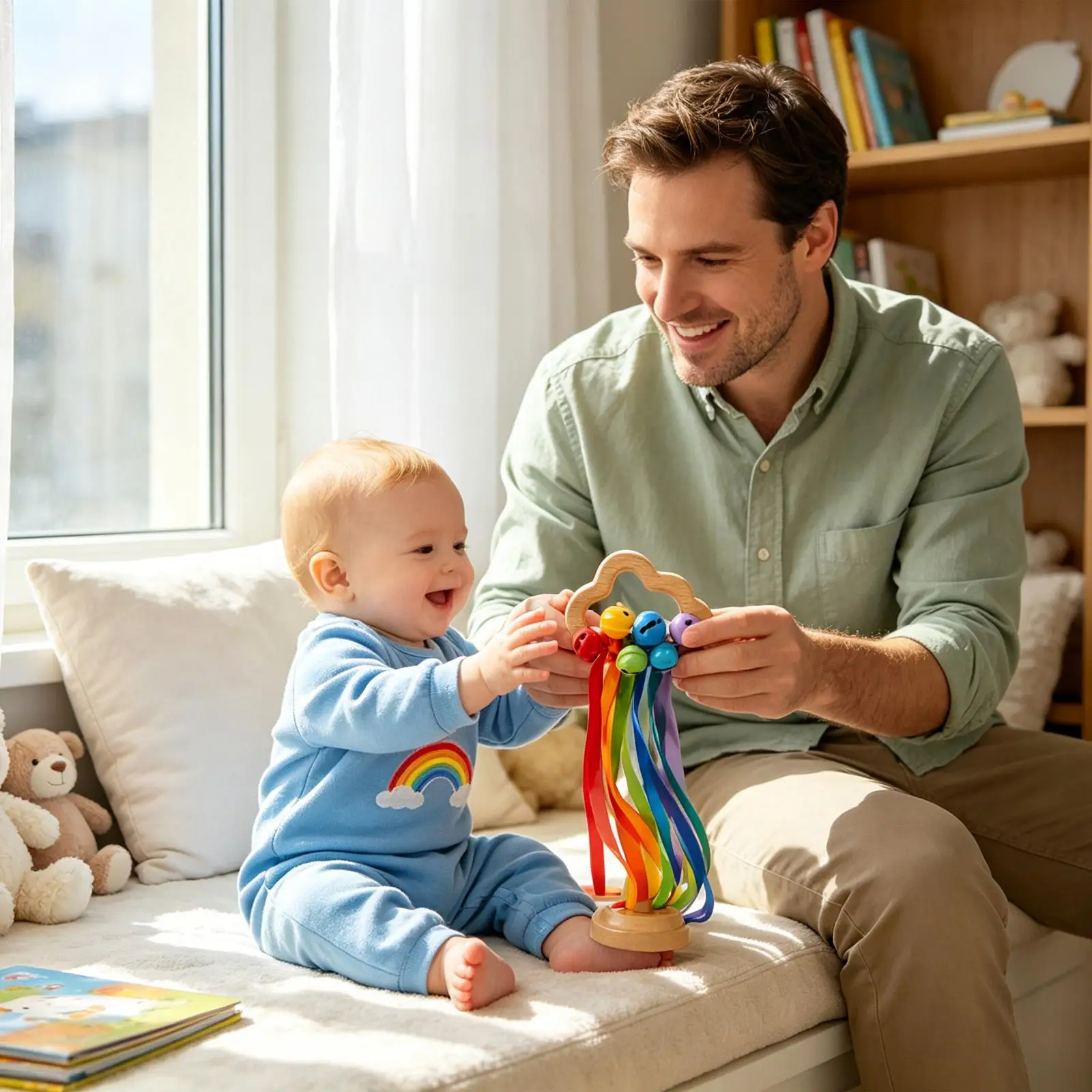 Rainbow handbells, hand-shaped dragon toys, sensory development toys, Waldorfeducational toys, children's ring toys, rattle toys