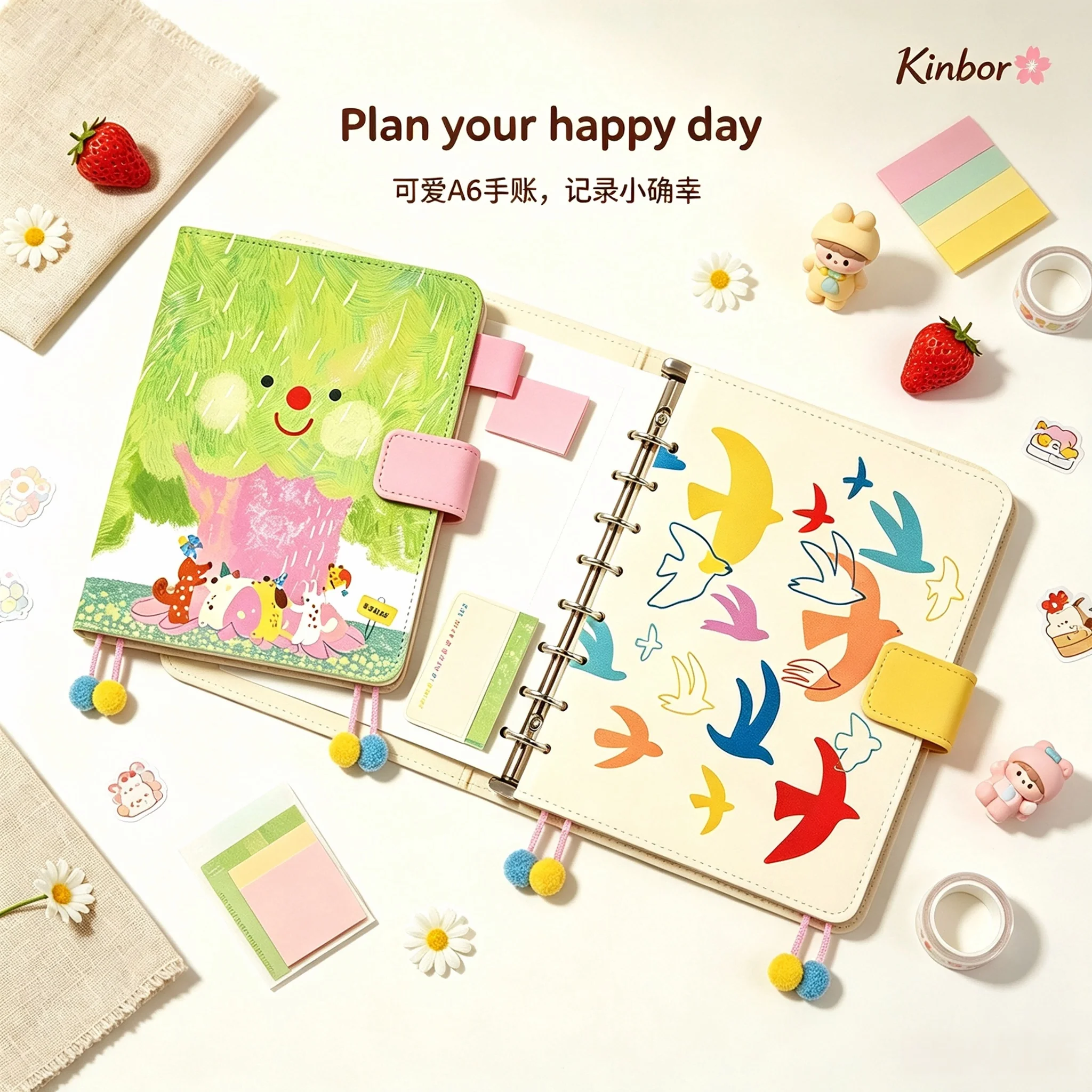 Kinbor A6 Planner Notebook,Canvas Embroidery Self Filling Handbook,Cute Cartoon Illustrated Diary Kawaii Stationery Notepad Gift